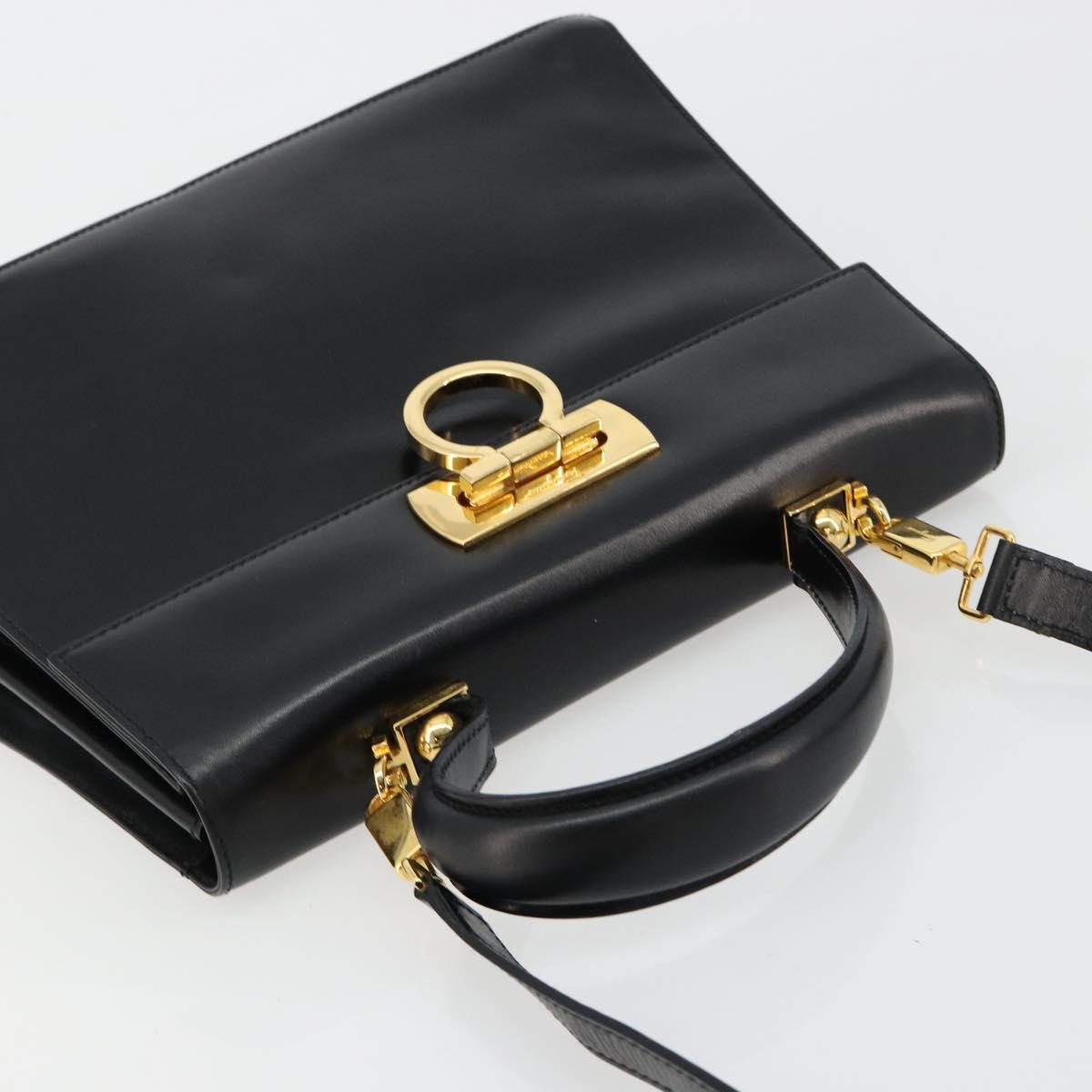 Salvatore Ferragamo Gancini Hand Bag Leather 2way Black Gold Auth BA13314