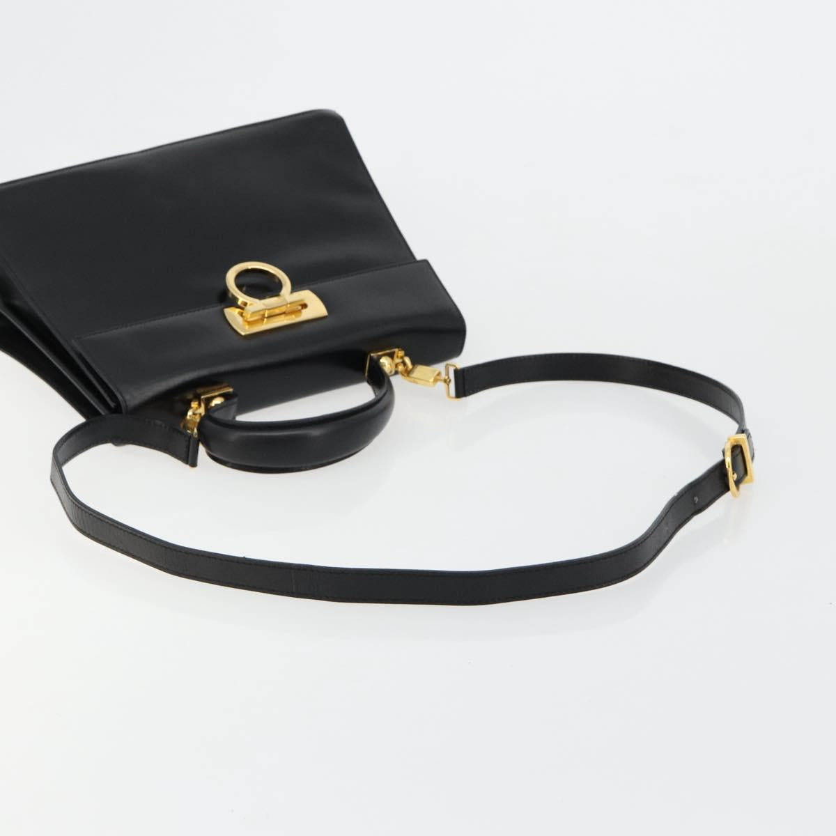Salvatore Ferragamo Gancini Hand Bag Leather 2way Black Gold Auth BA13314