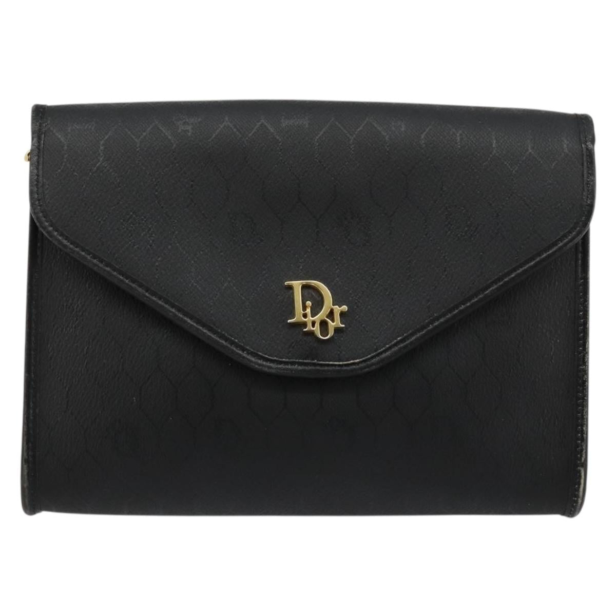 Christian Dior Honeycomb Canvas Chain Shoulder Bag PVC Black Gold Auth BA13315