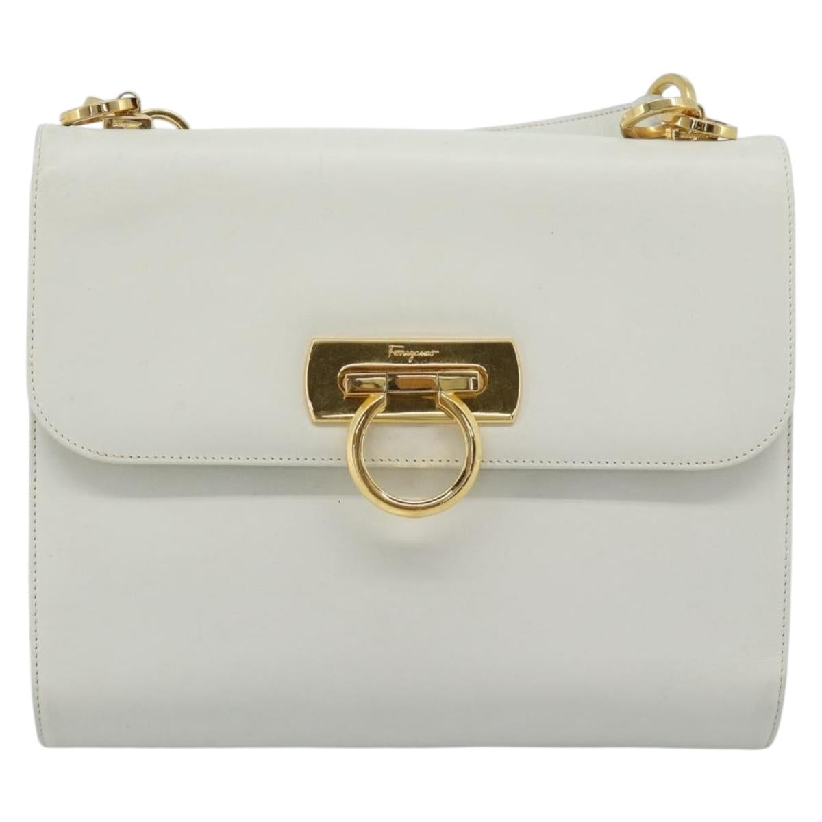 Salvatore Ferragamo Gancini Shoulder Bag Leather White Gold Auth BA13316