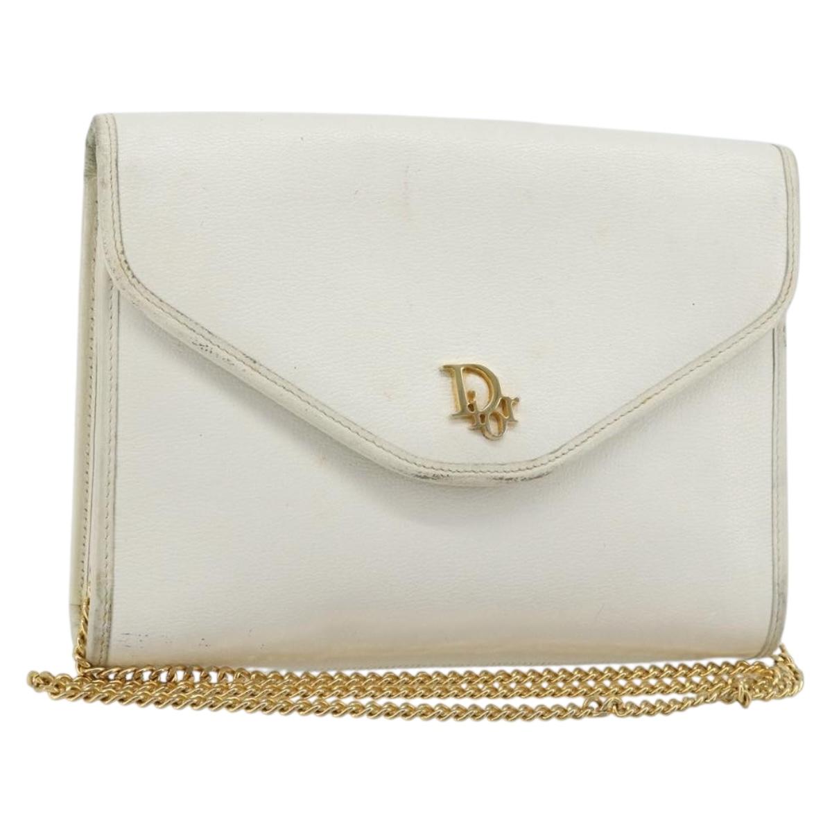 Christian Dior Chain Shoulder Bag Leather White Gold Auth BA13317