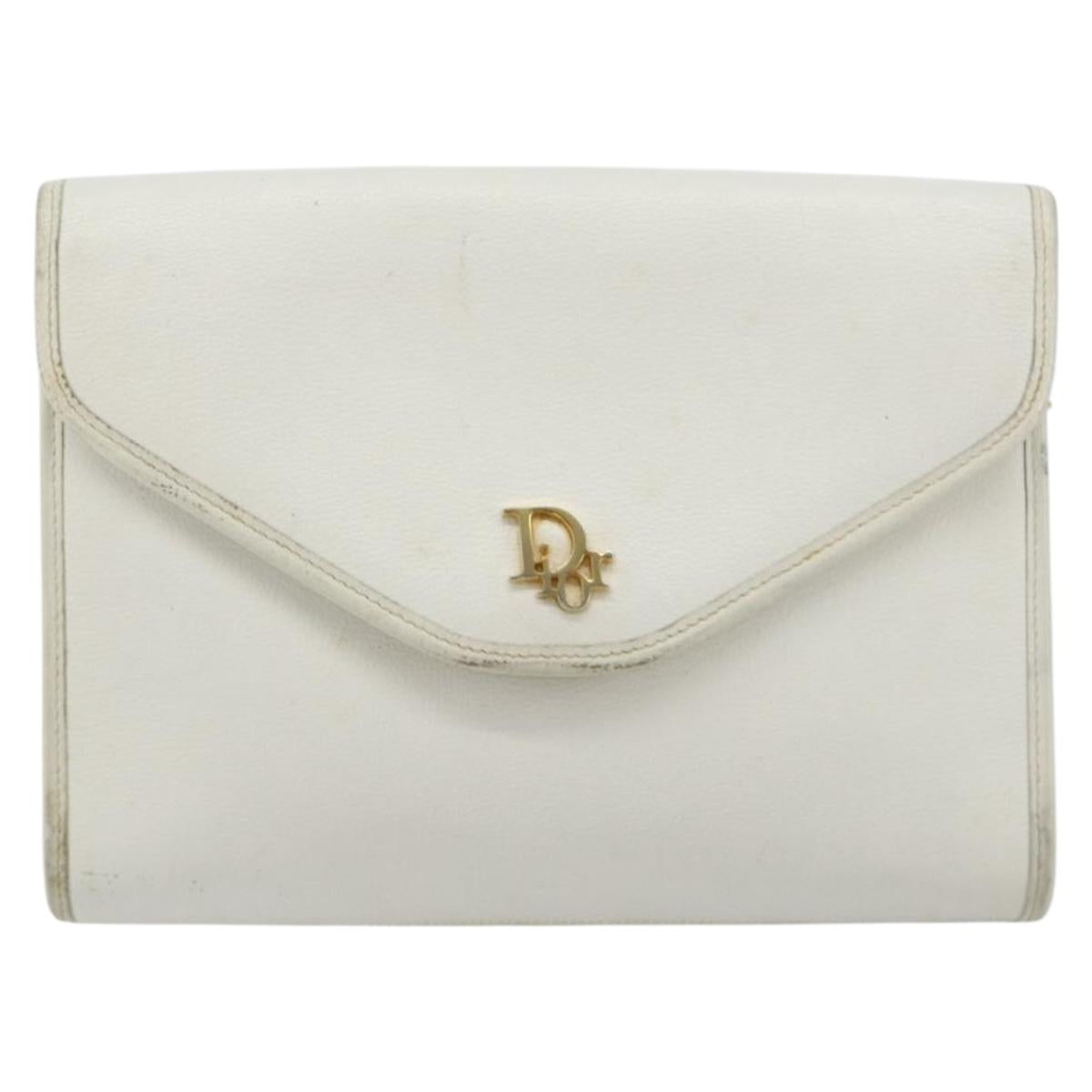 Christian Dior Chain Shoulder Bag Leather White Gold Auth BA13317
