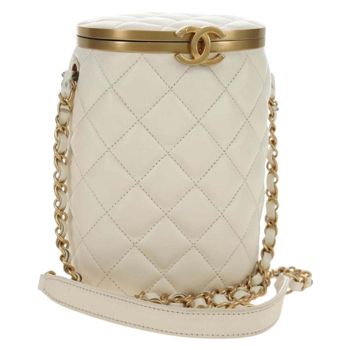 CHANEL Chain Matelasse Shoulder Bag Lamb Skin White Gold CC Auth BA13318M