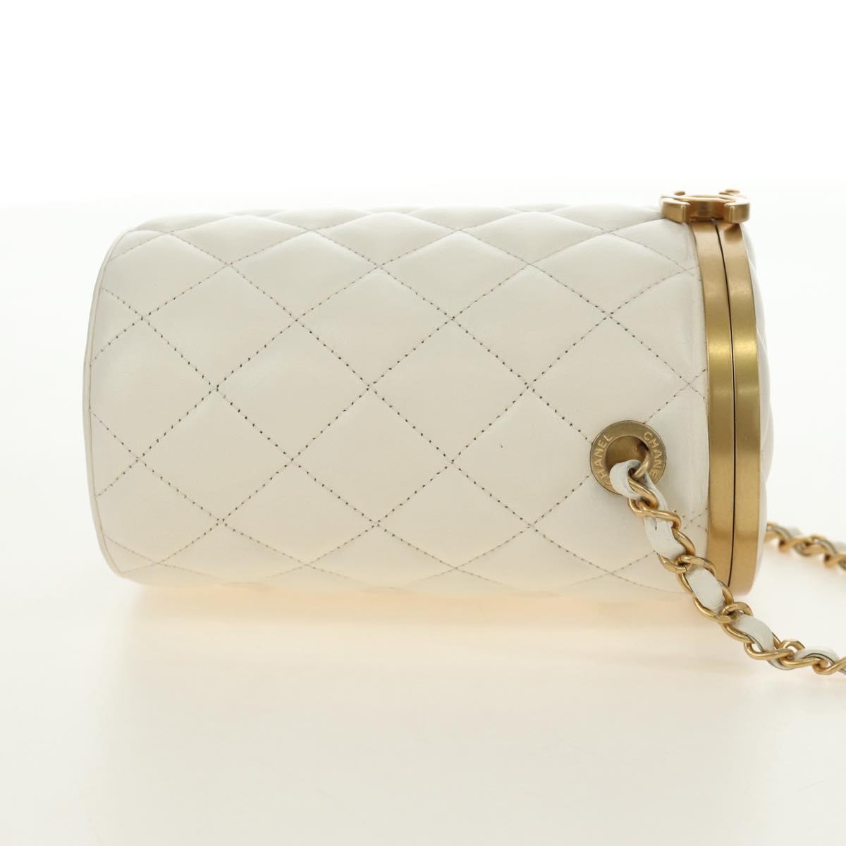 CHANEL Chain Matelasse Shoulder Bag Lamb Skin White Gold CC Auth BA13318M