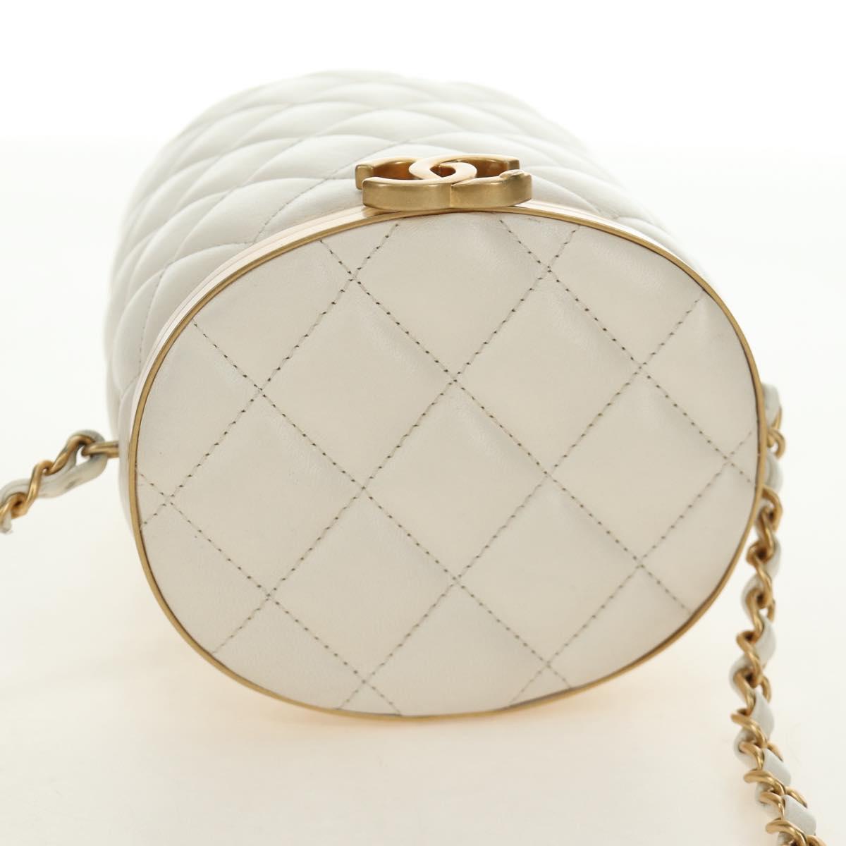 CHANEL Chain Matelasse Shoulder Bag Lamb Skin White Gold CC Auth BA13318M