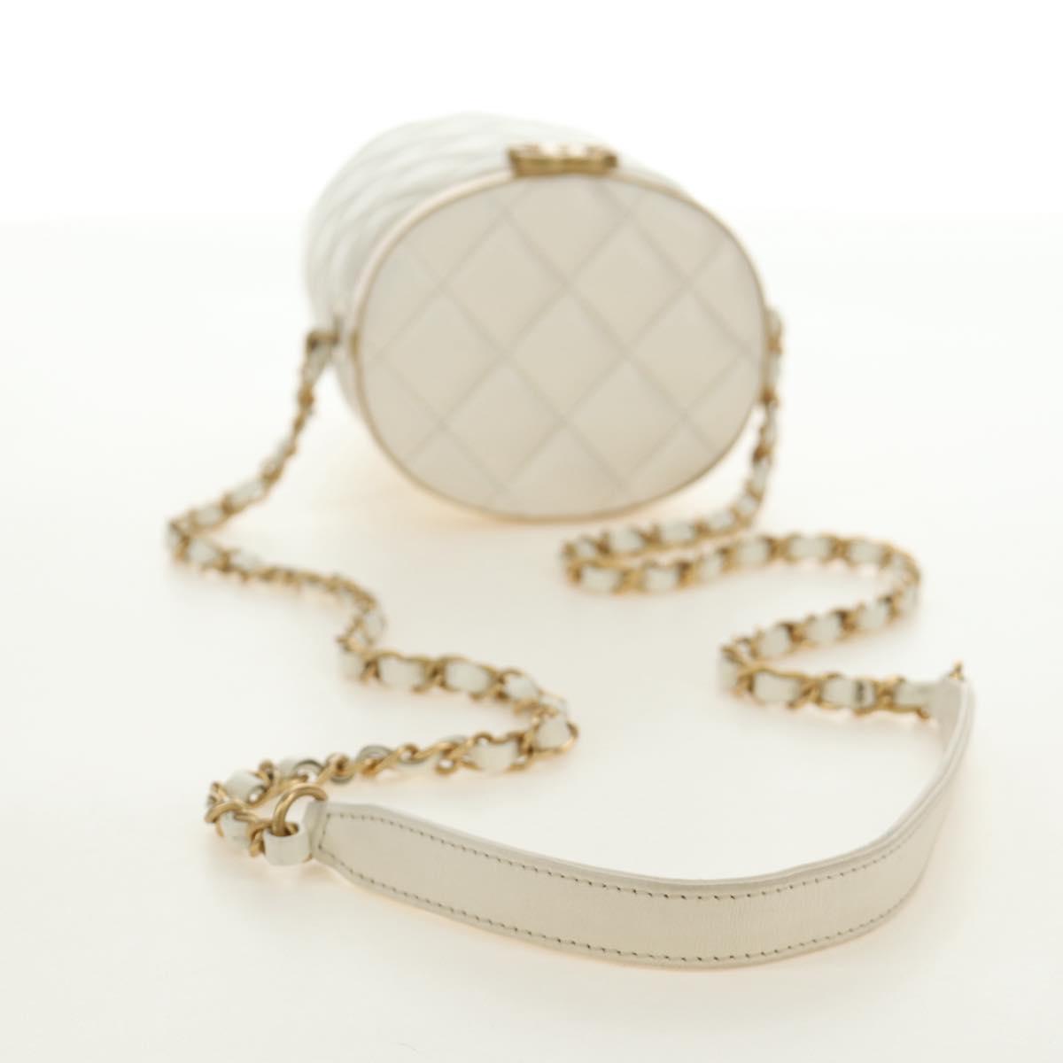 CHANEL Chain Matelasse Shoulder Bag Lamb Skin White Gold CC Auth BA13318M