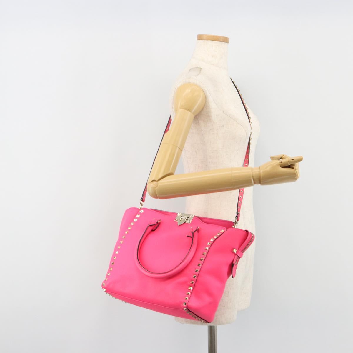 VALENTINO Studs Tote Bag Leather 2way Pink Gold Auth BA13319