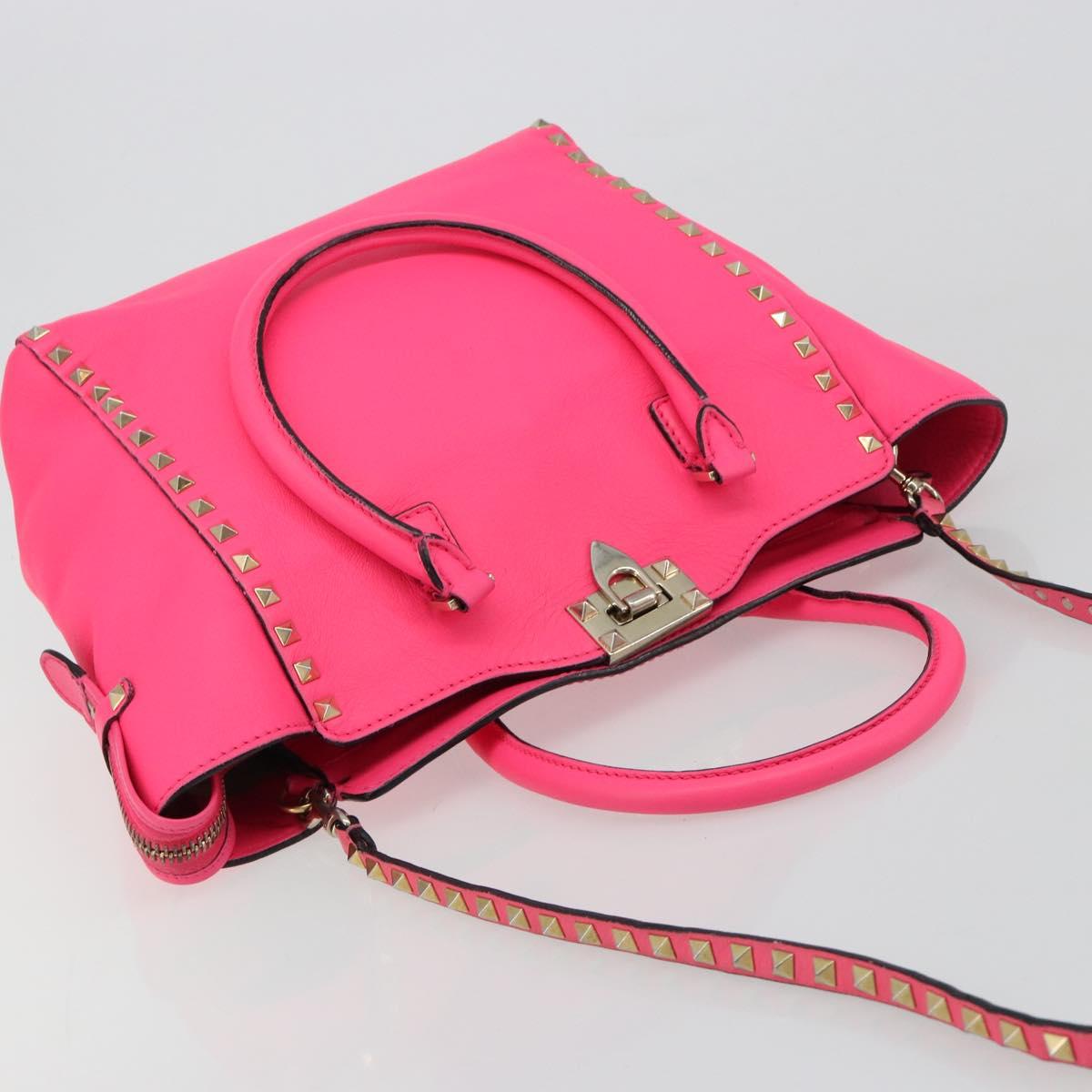 VALENTINO Studs Tote Bag Leather 2way Pink Gold Auth BA13319