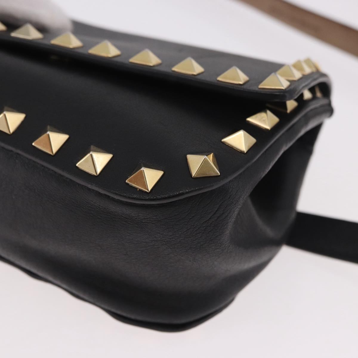 VALENTINO Studs Waist bag Leather Black Gold Auth BA13324A