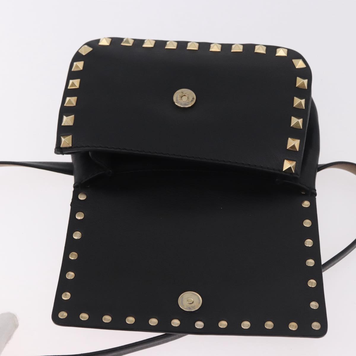 VALENTINO Studs Waist bag Leather Black Gold Auth BA13324A