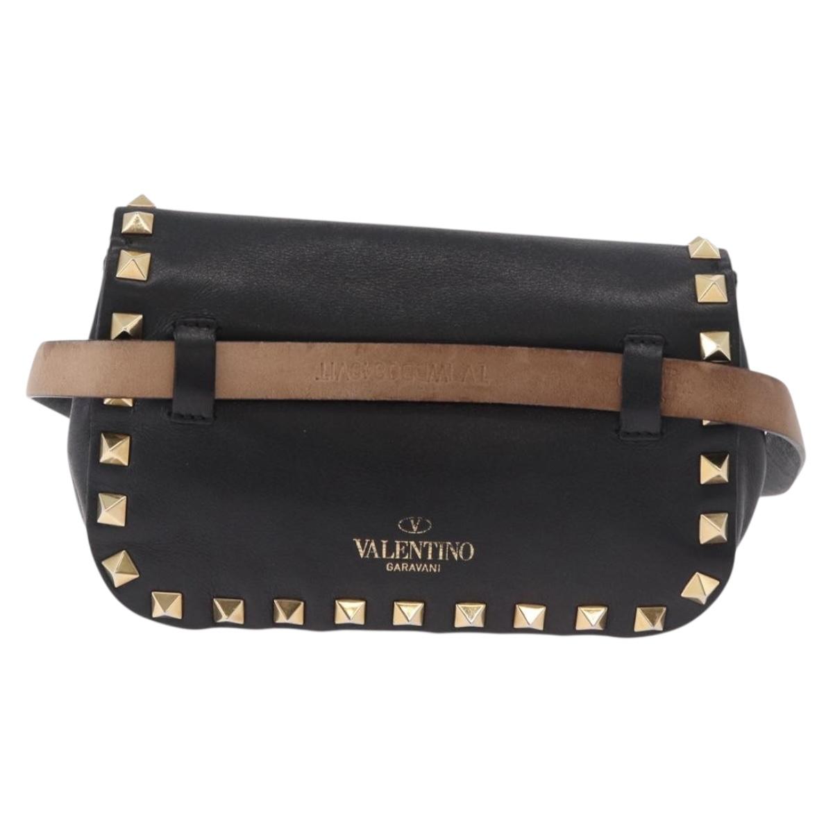 VALENTINO Studs Waist bag Leather Black Gold Auth BA13324A