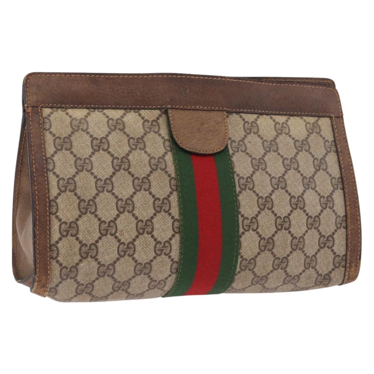 GUCCI GG Supreme Web Sherry Line Clutch Bag PVC Beige Auth BA13333