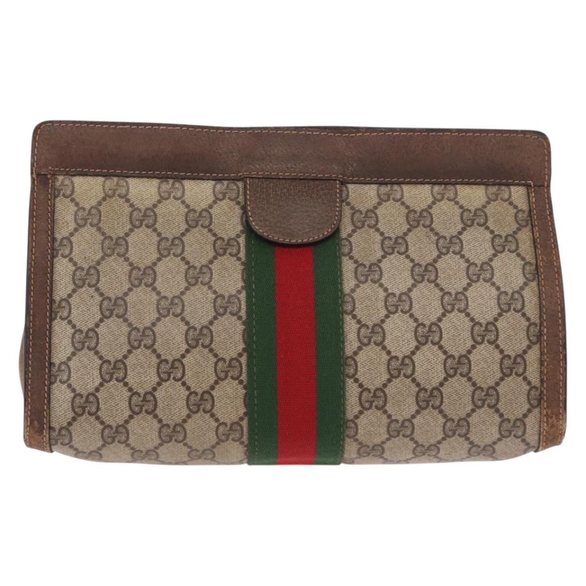 GUCCI GG Supreme Web Sherry Line Clutch Bag PVC Beige Auth BA13333