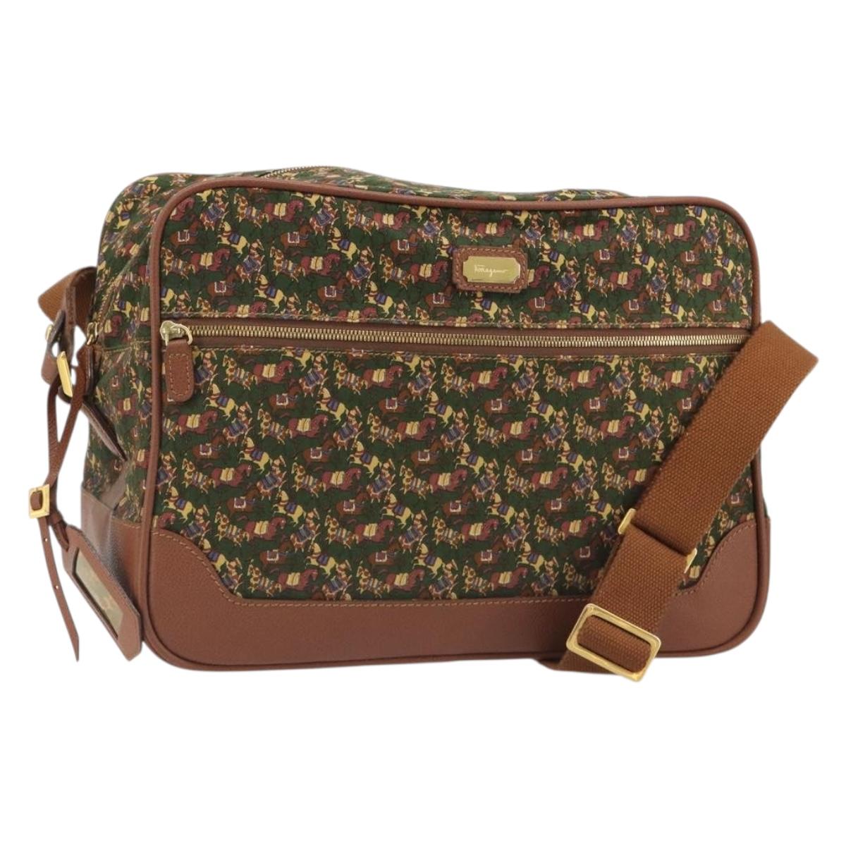 Salvatore Ferragamo Shoulder Bag Canvas Green Gold Auth BA13340A