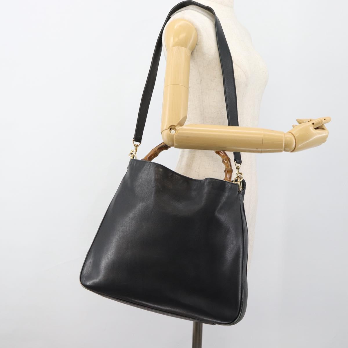 GUCCI Bamboo Shoulder Bag Leather 2way Black Gold 001 1577 3444 Auth BA13349