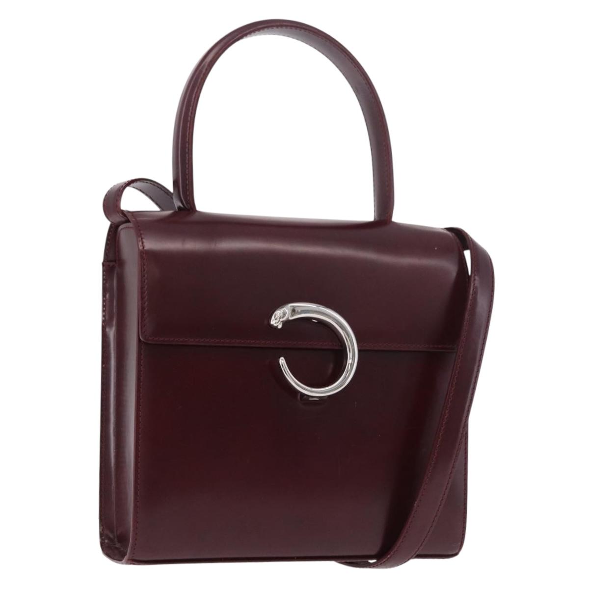 CARTIER Hand Bag Leather 2way Bordeaux Silver Auth BA13356V