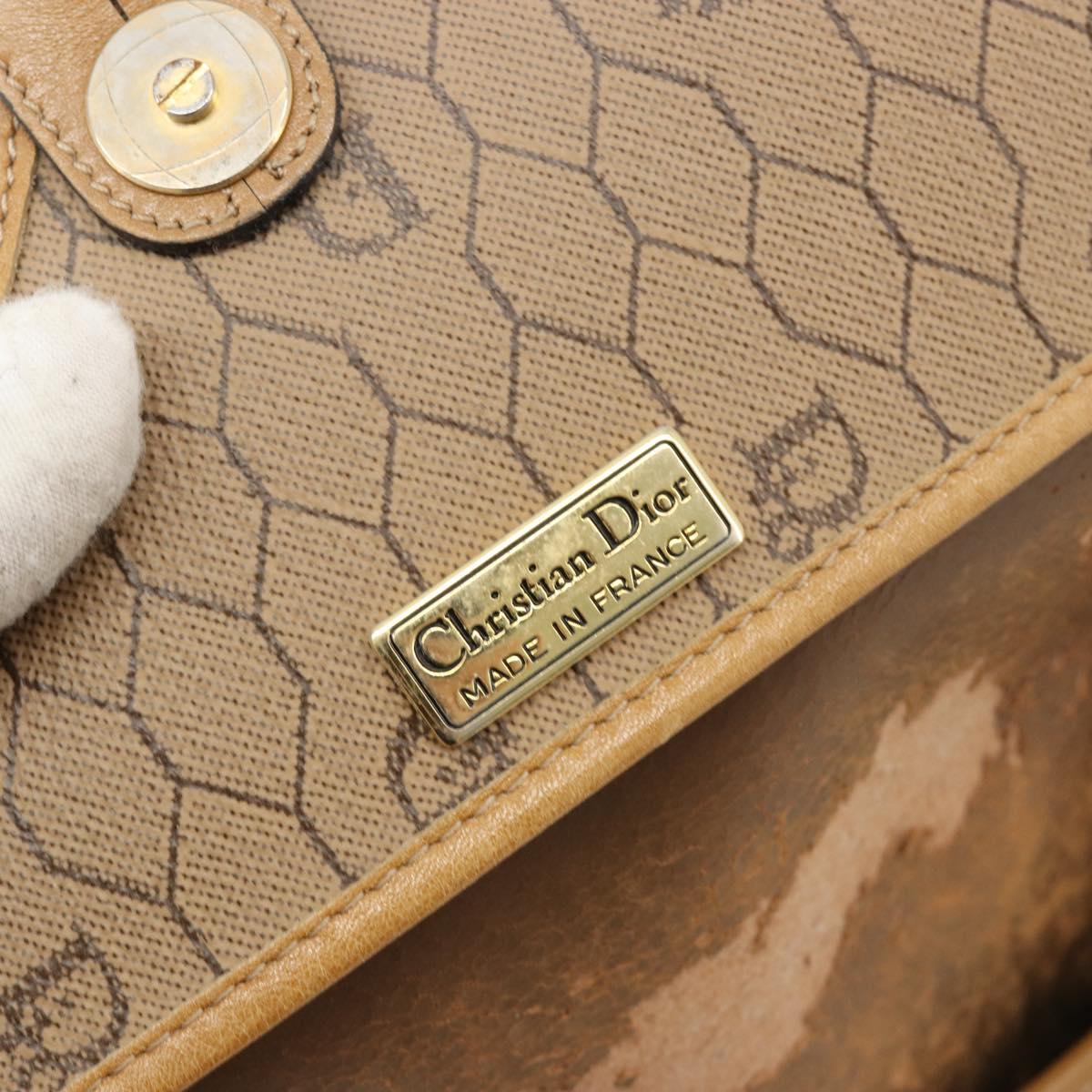 Christian Dior Honeycomb Canvas Shoulder Bag PVC Beige Gold Auth BA13357