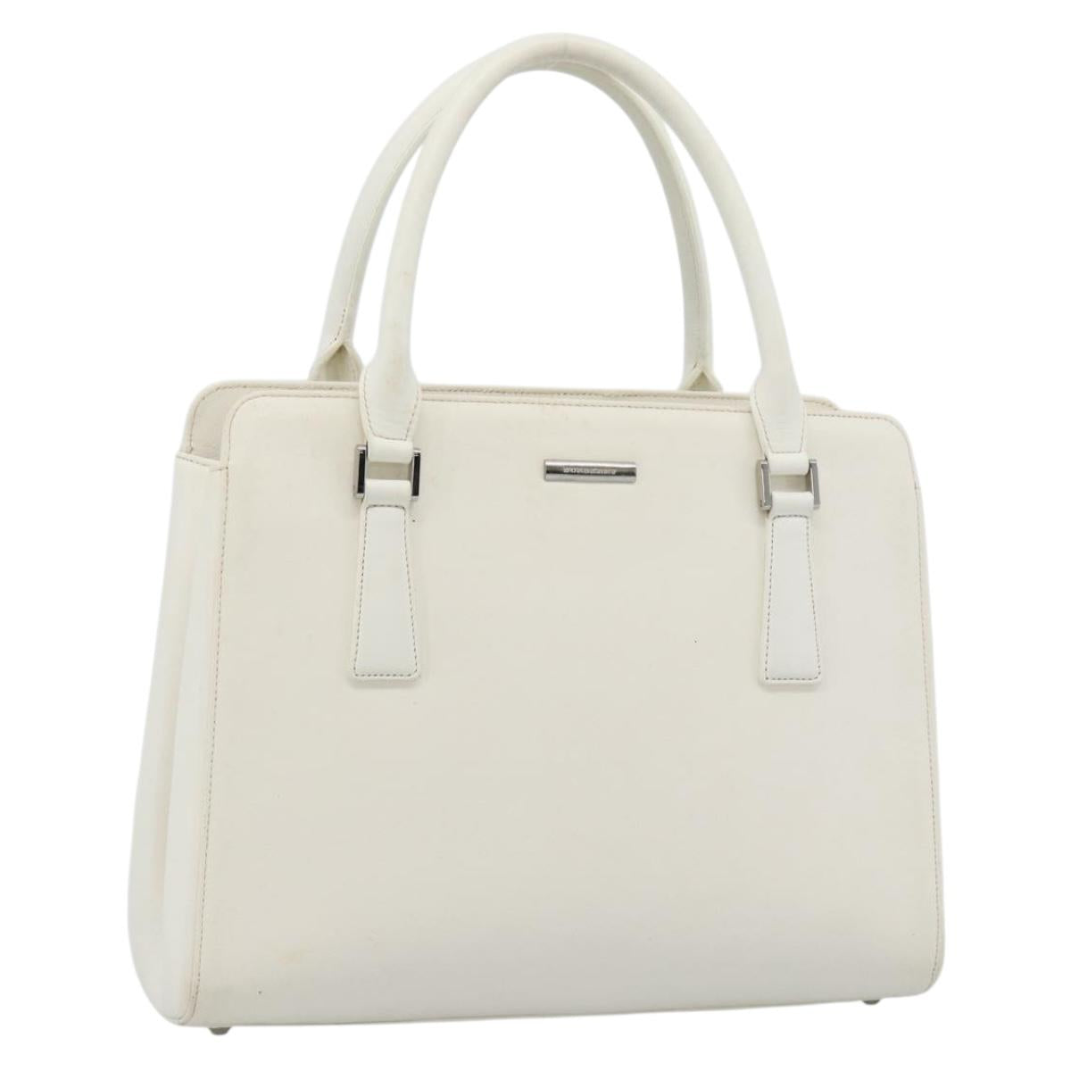 BURBERRY Hand Bag Leather White Silver Auth BA13365