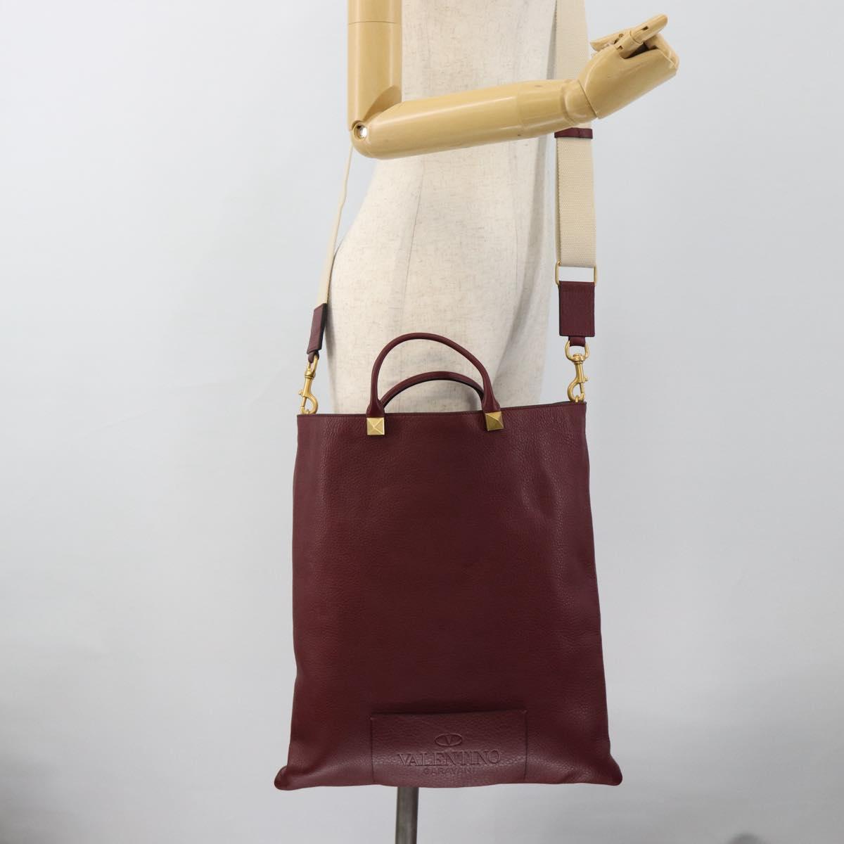 VALENTINO Tote Bag Leather 2way Bordeaux Gold Auth BA13367A