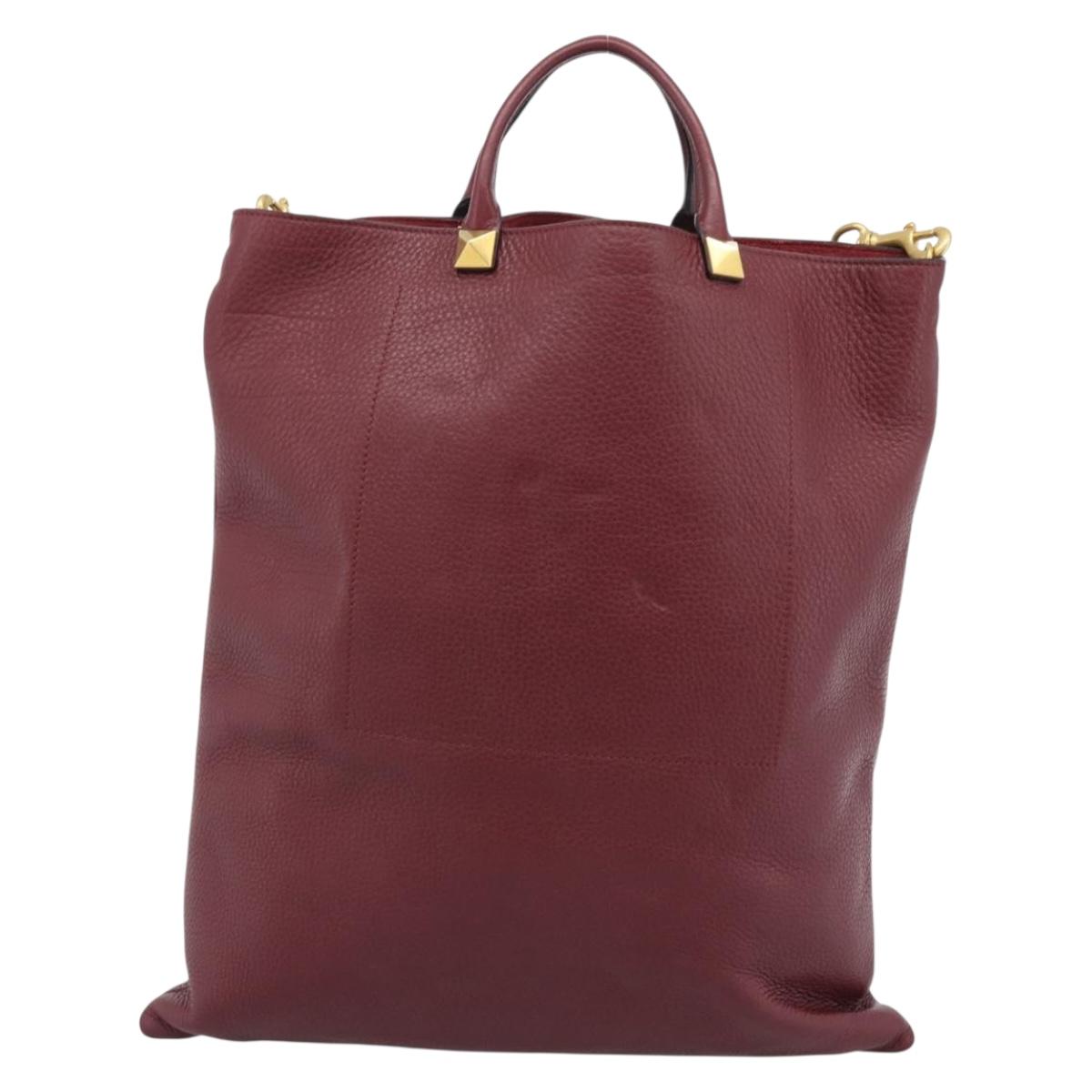 VALENTINO Tote Bag Leather 2way Bordeaux Gold Auth BA13367A
