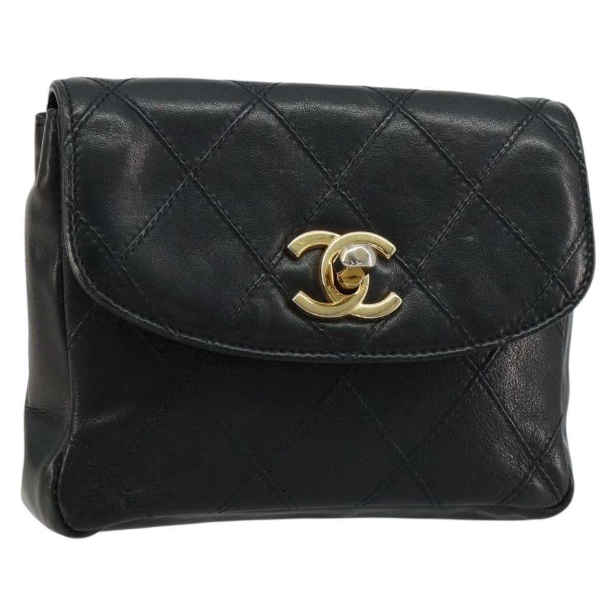 CHANEL Bicolore Waist bag Lamb Skin Black Gold CC Auth BA13369