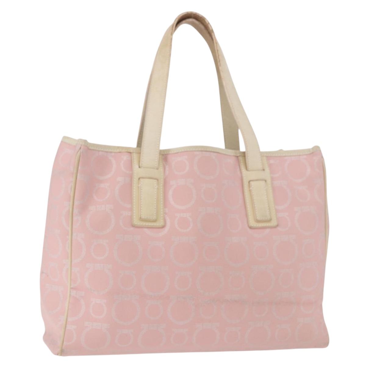 Salvatore Ferragamo Gancini Hand Bag Leather PVC Pink Silver Auth BA13376