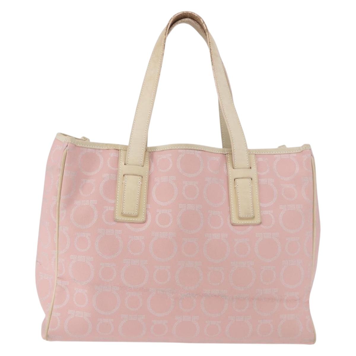 Salvatore Ferragamo Gancini Hand Bag Leather PVC Pink Silver Auth BA13376