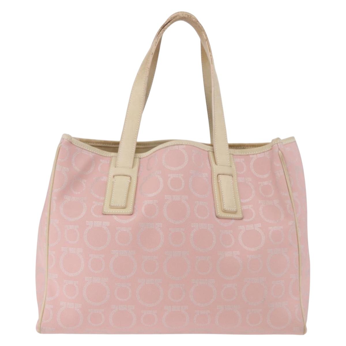 Salvatore Ferragamo Gancini Hand Bag Leather PVC Pink Silver Auth BA13376