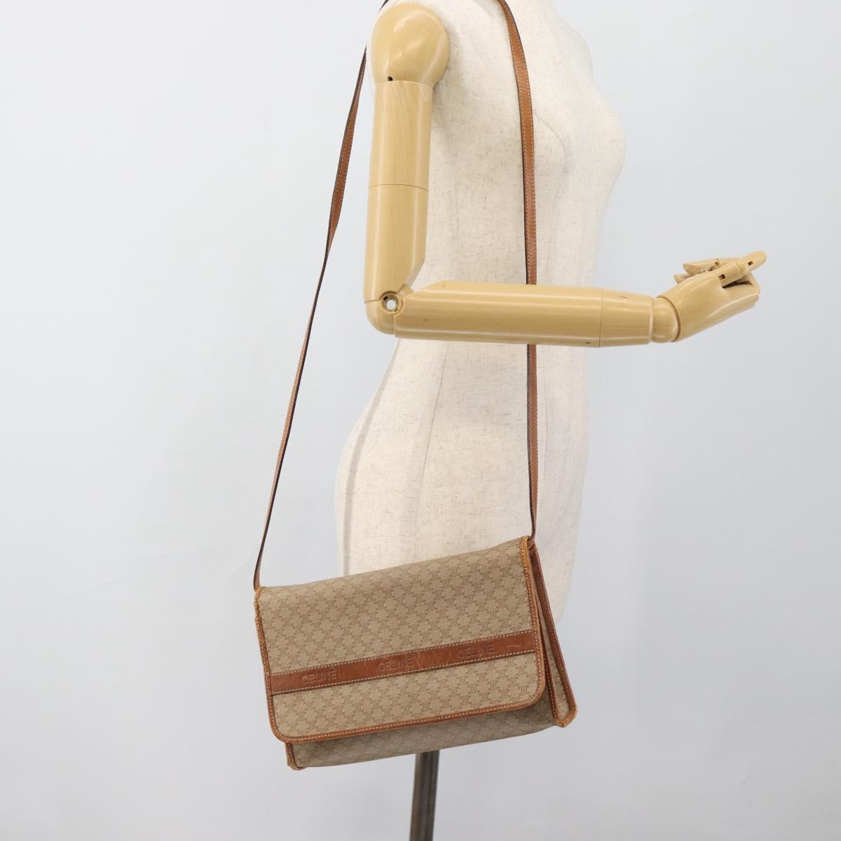 CELINE Macadam Canvas Shoulder Bag PVC Beige Gold Auth BA13377