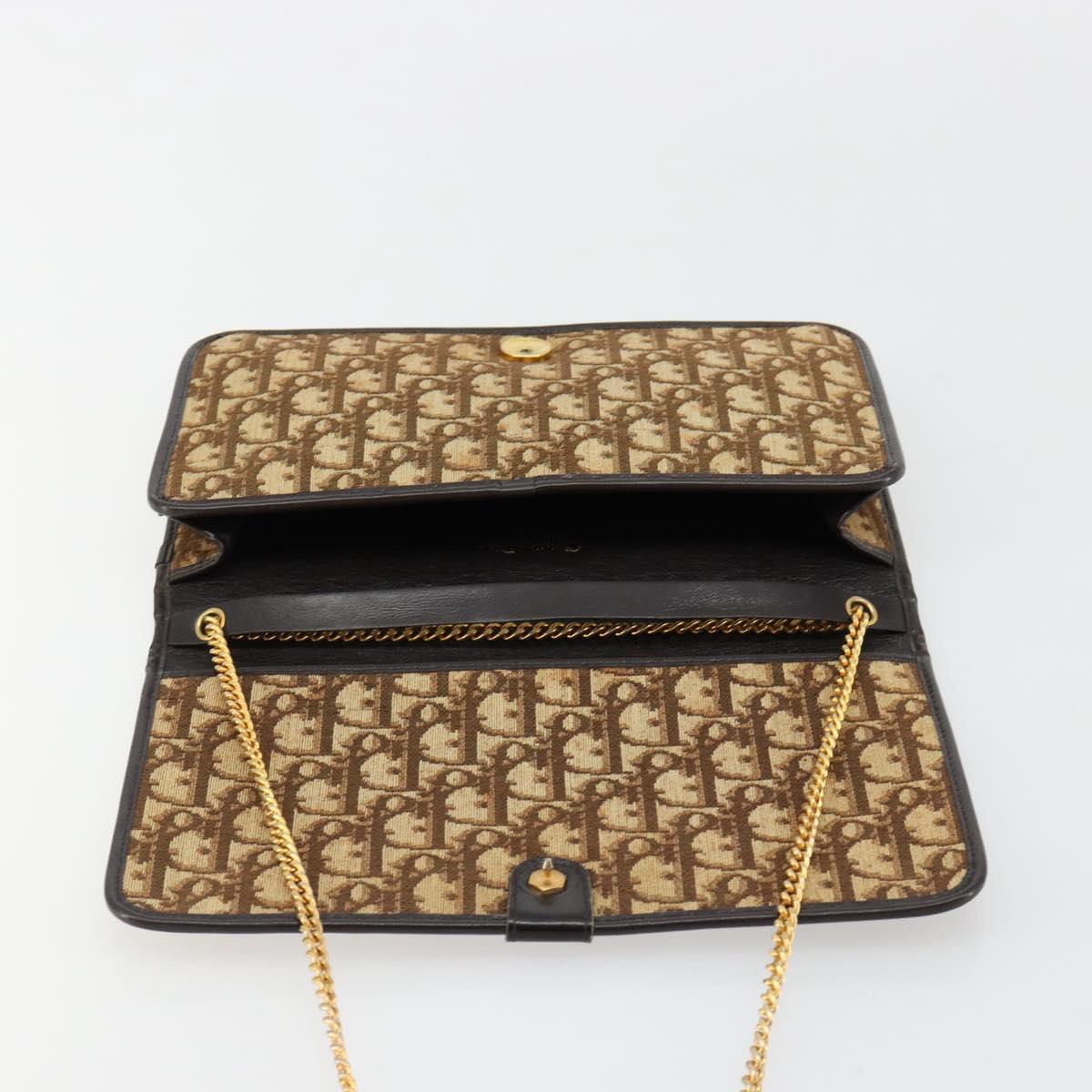 Christian Dior Trotter Canvas Chain Shoulder Bag Beige Gold Auth BA13378