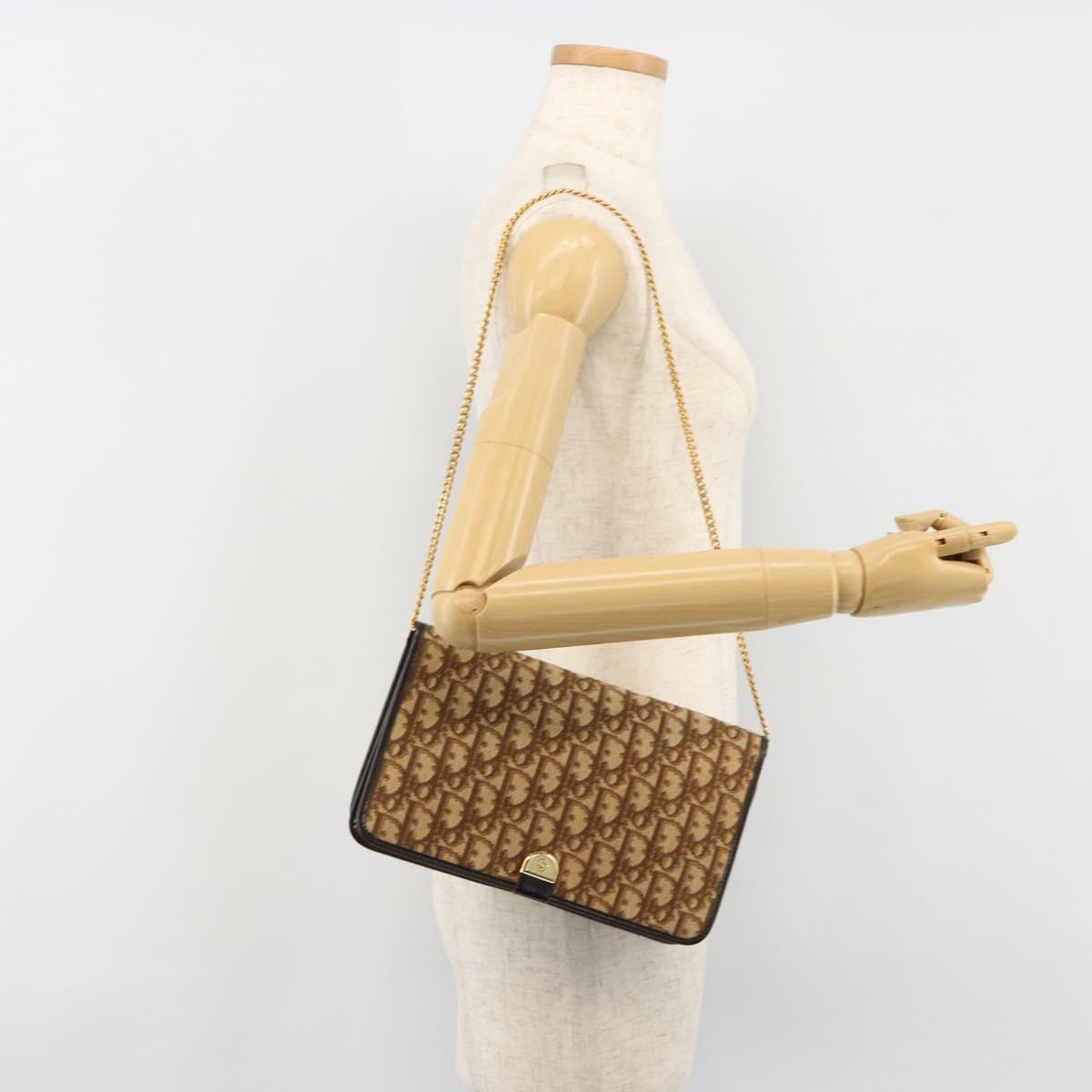 Christian Dior Trotter Canvas Chain Shoulder Bag Beige Gold Auth BA13378