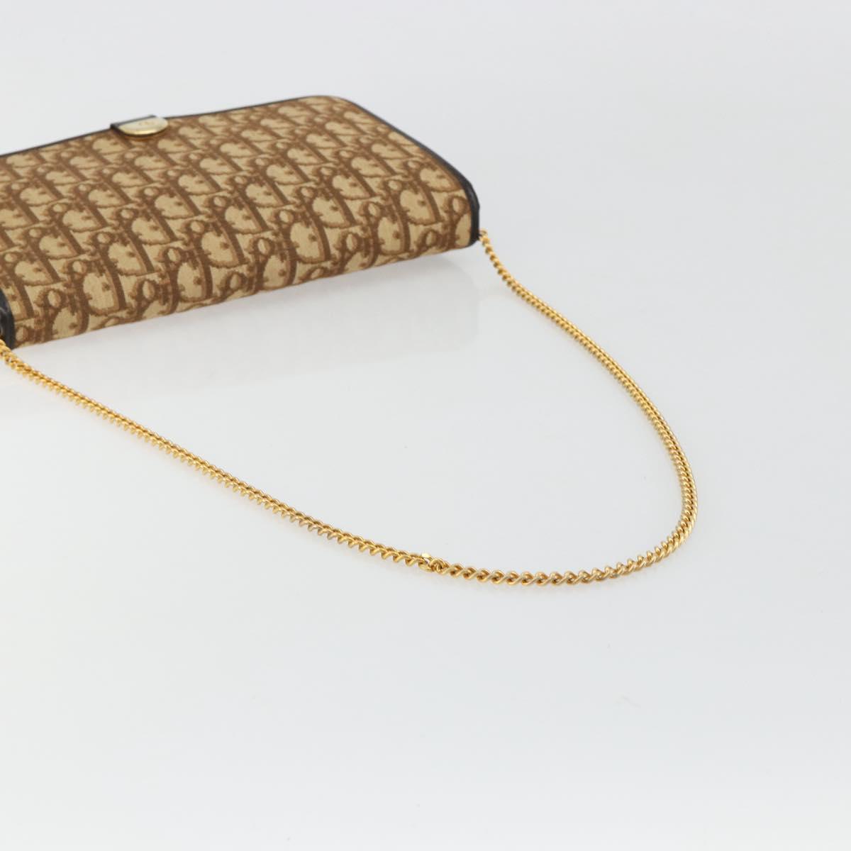 Christian Dior Trotter Canvas Chain Shoulder Bag Beige Gold Auth BA13378