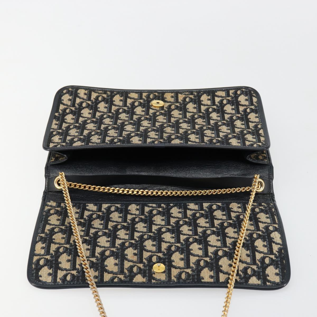 Christian Dior Trotter Canvas Chain Shoulder Bag Navy Gold Auth BA13379