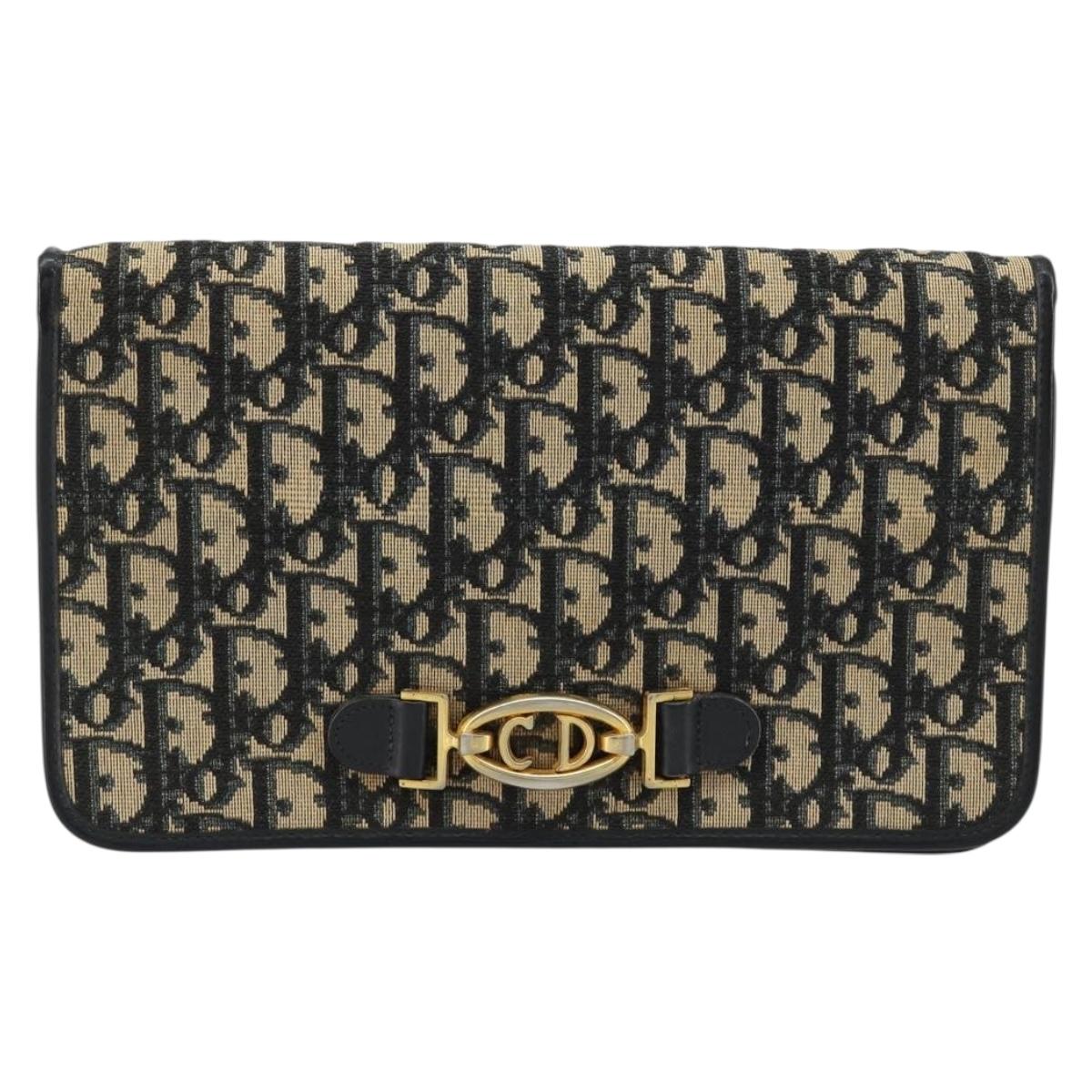 Christian Dior Trotter Canvas Chain Shoulder Bag Navy Gold Auth BA13379