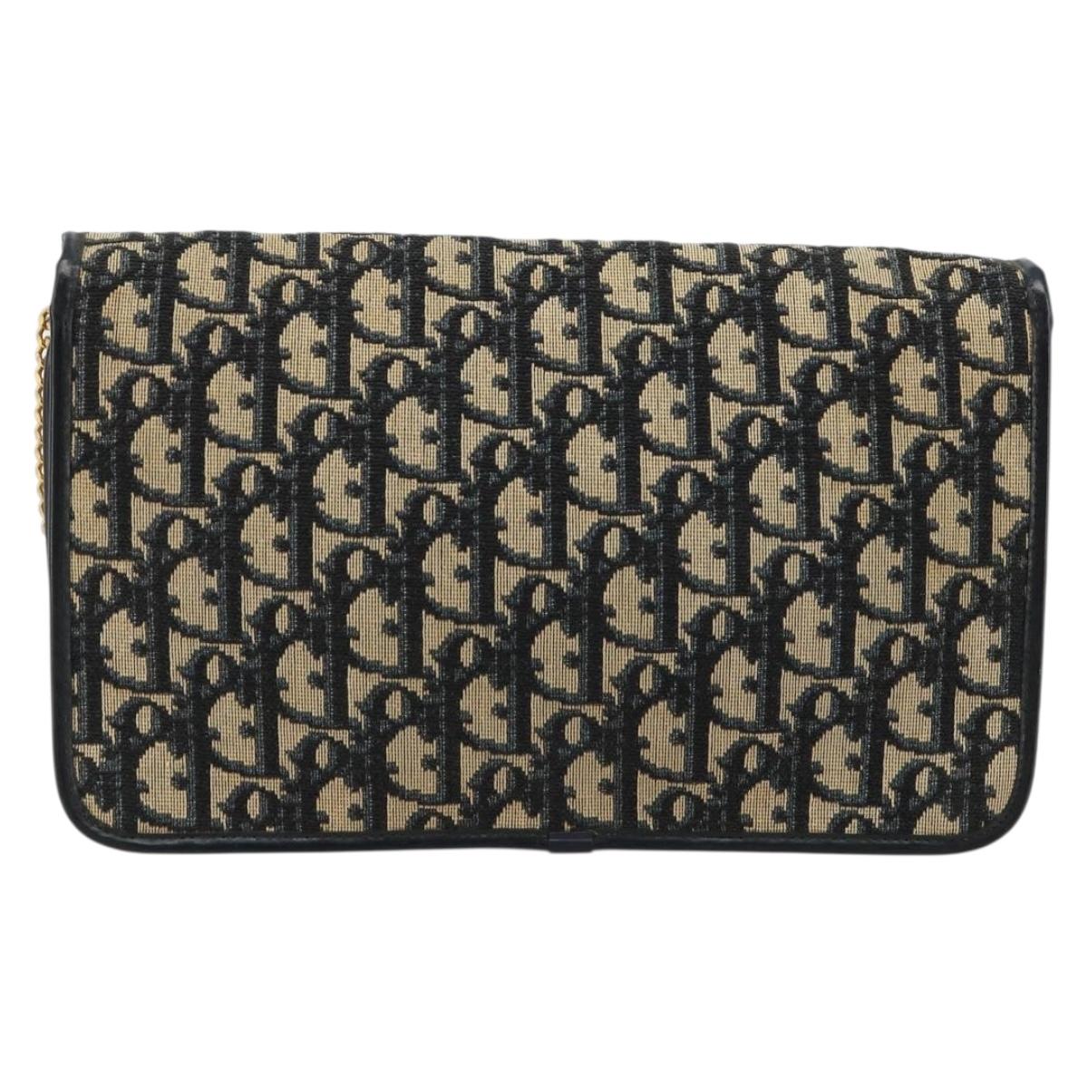Christian Dior Trotter Canvas Chain Shoulder Bag Navy Gold Auth BA13379