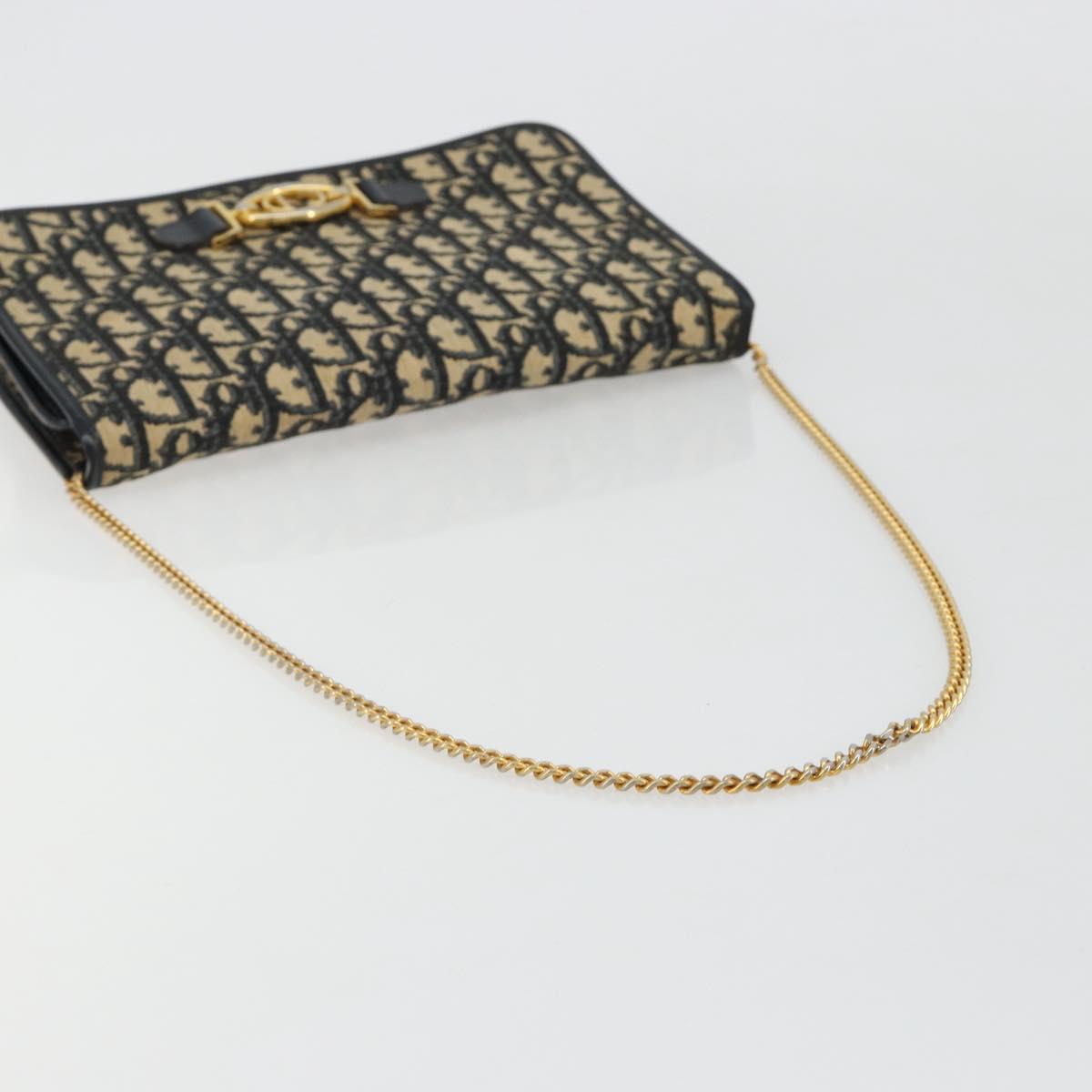 Christian Dior Trotter Canvas Chain Shoulder Bag Navy Gold Auth BA13379