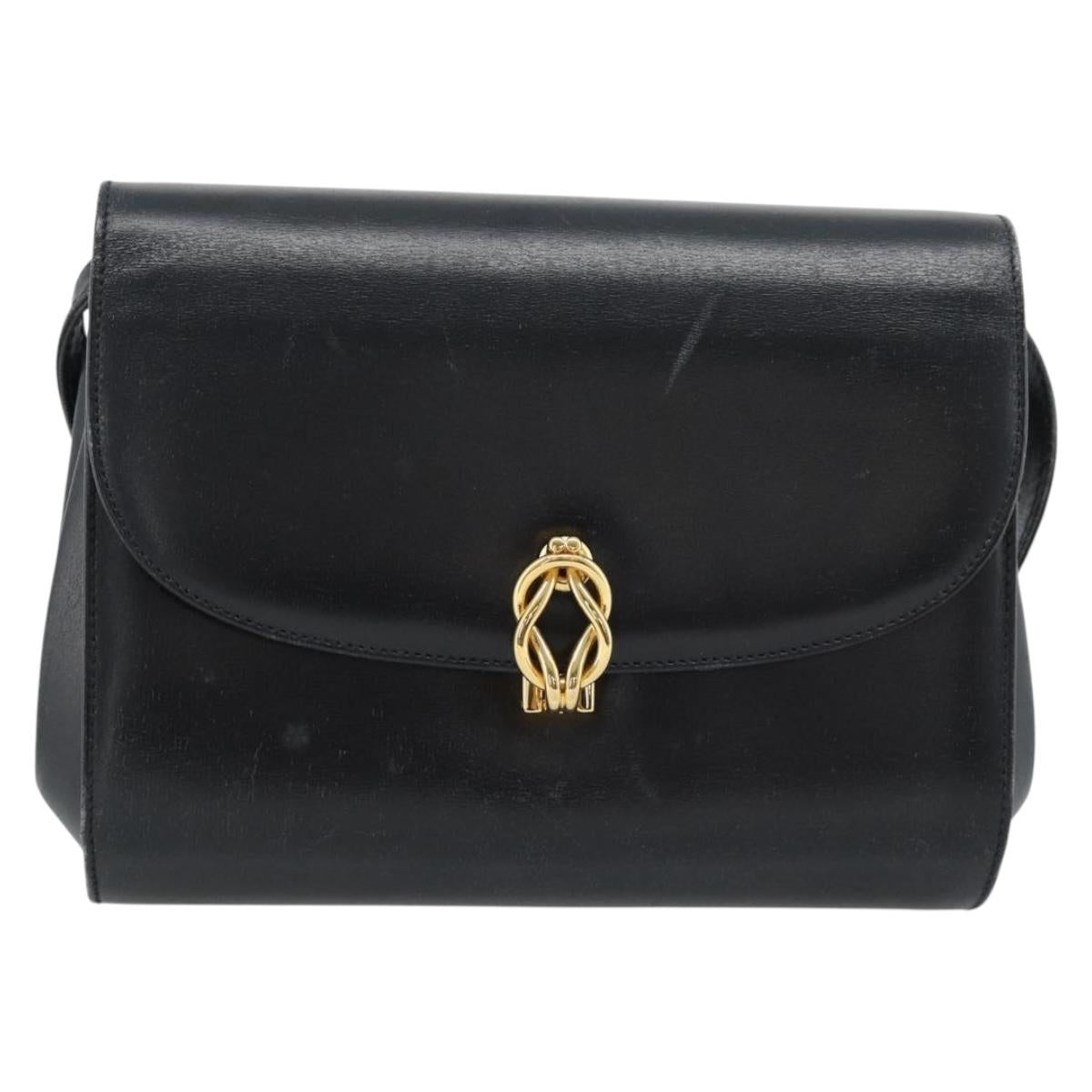 GUCCI Shoulder Bag Leather Black Gold Auth BA13381