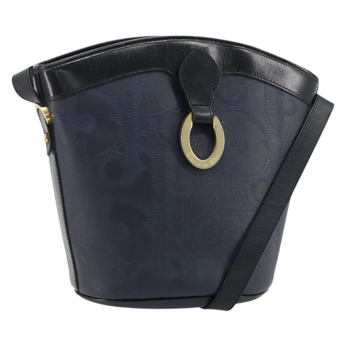Christian Dior Trotter Canvas Shoulder Bag PVC Navy Gold Auth BA13388A