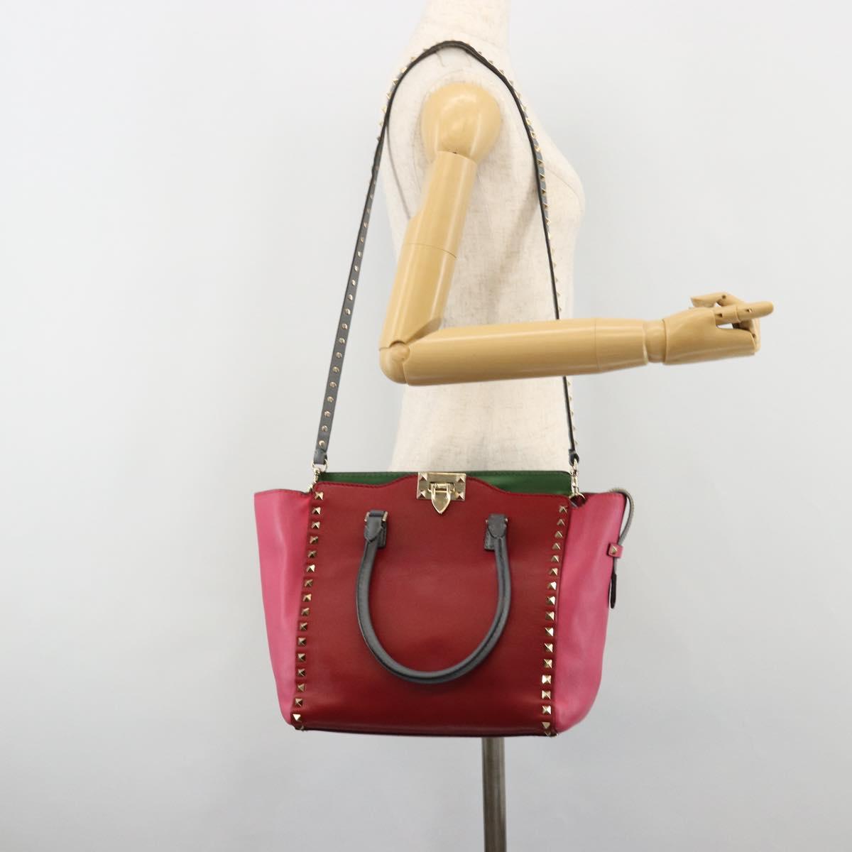 VALENTINO Studs Tote Bag Leather 2way Red Gold Auth BA13391A