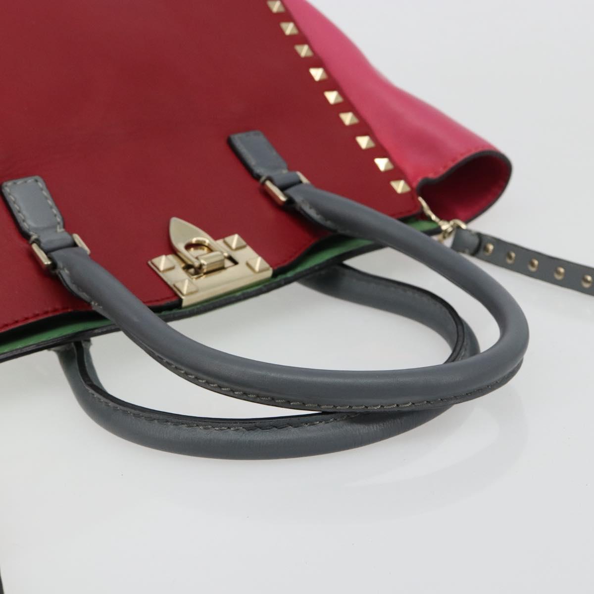 VALENTINO Studs Tote Bag Leather 2way Red Gold Auth BA13391A