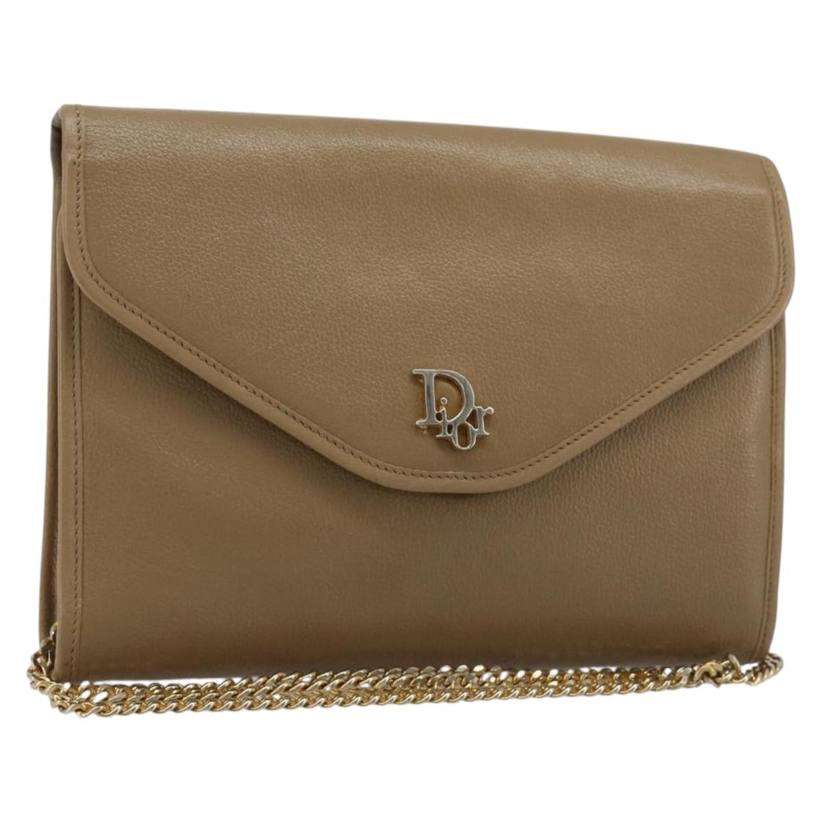 Christian Dior Chain Shoulder Bag Leather Beige Gold Auth BA13392