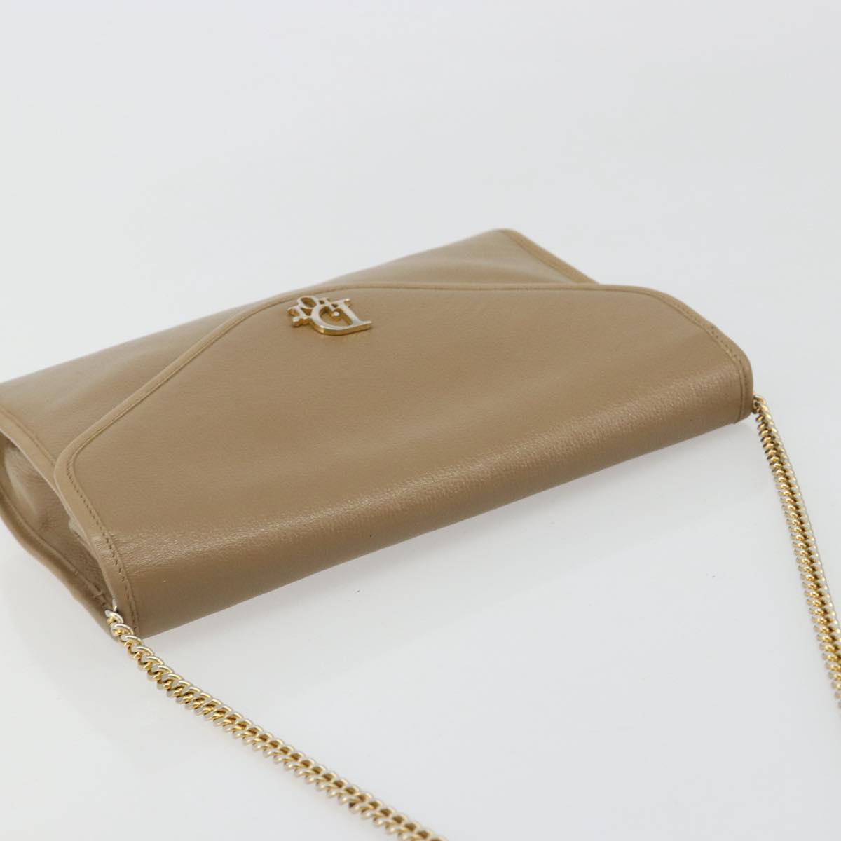 Christian Dior Chain Shoulder Bag Leather Beige Gold Auth BA13392