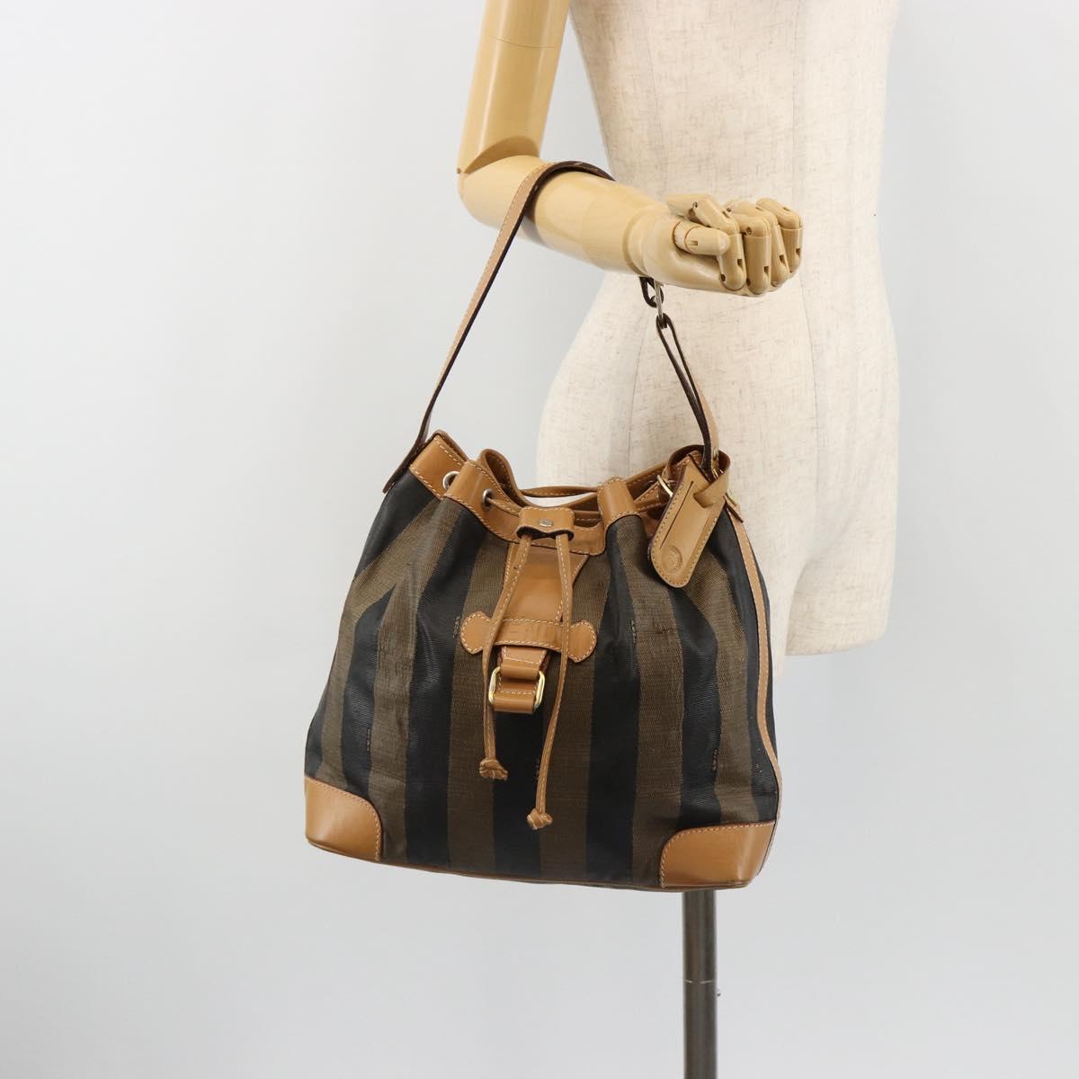 FENDI Pecan Canvas Purse Shoulder Bag PVC Brown Gold Auth BA13394
