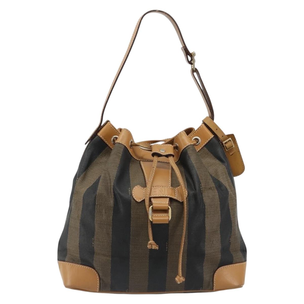 FENDI Pecan Canvas Purse Shoulder Bag PVC Brown Gold Auth BA13394