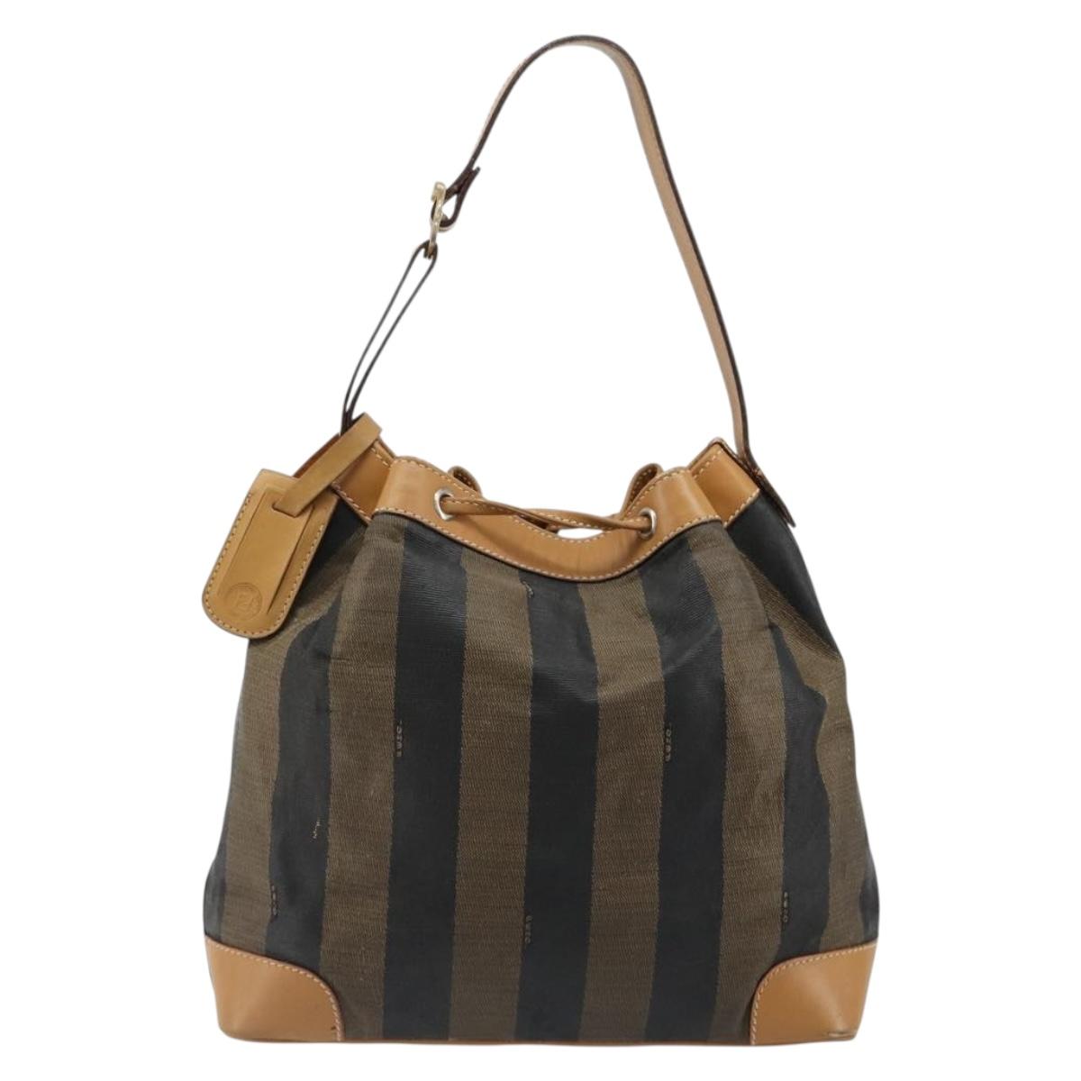 FENDI Pecan Canvas Purse Shoulder Bag PVC Brown Gold Auth BA13394