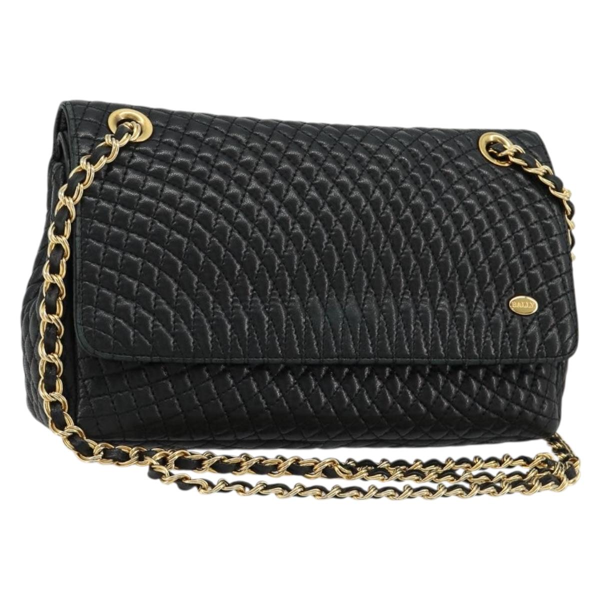 BALLY Chain Shoulder Bag Leather Black Gold Auth BA13398A