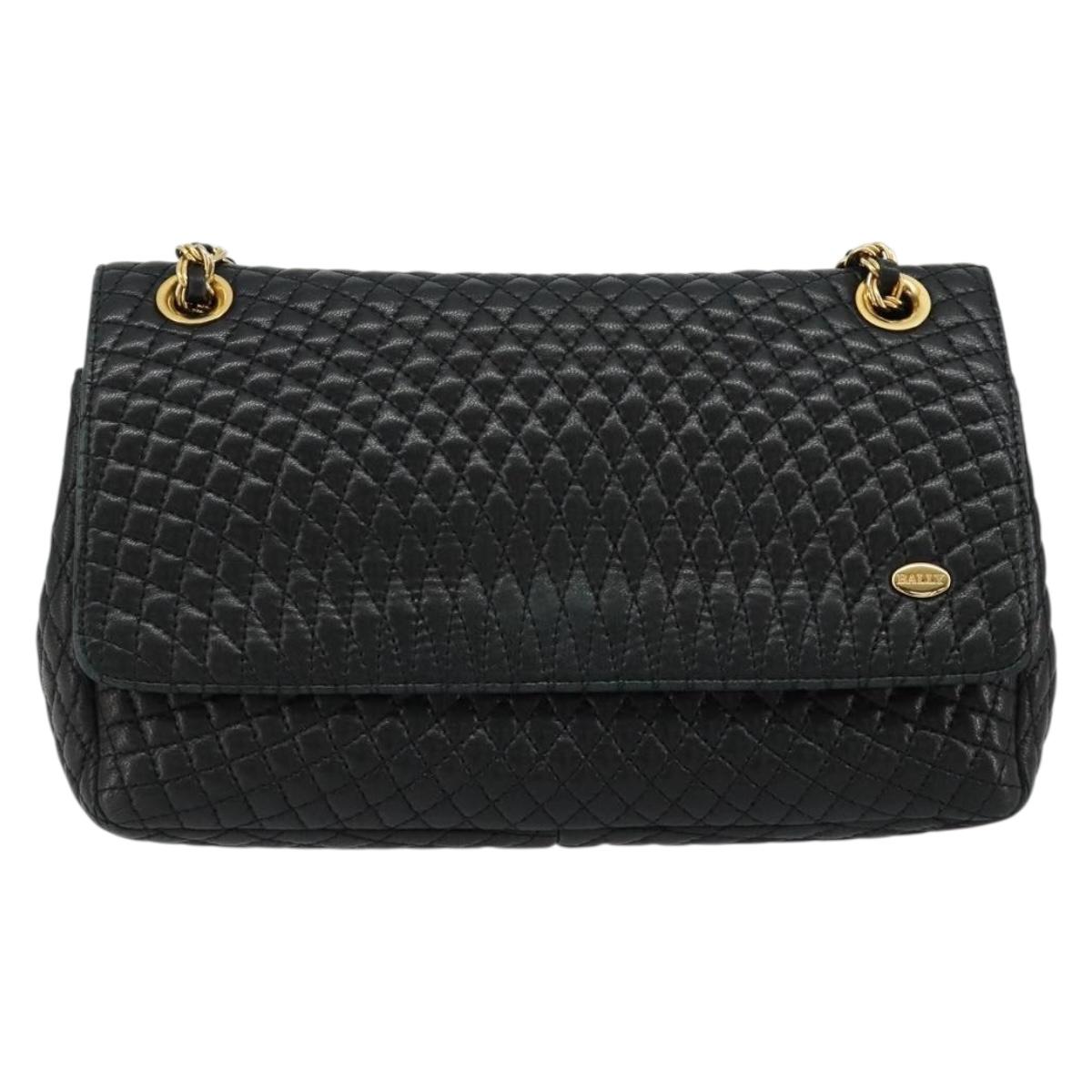 BALLY Chain Shoulder Bag Leather Black Gold Auth BA13398A