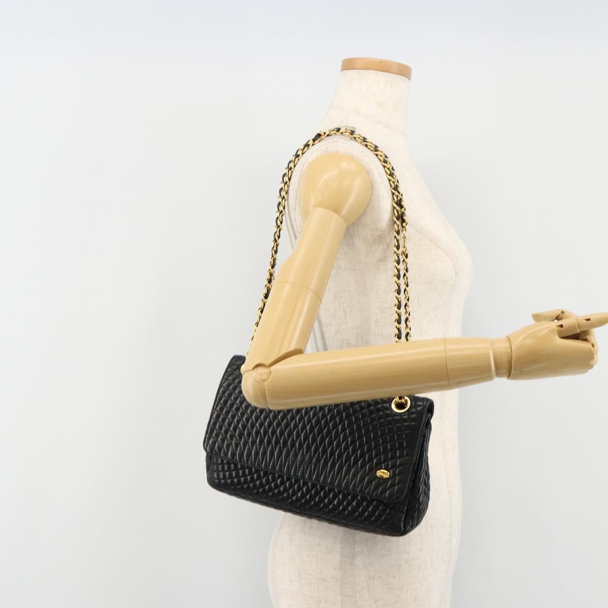 BALLY Chain Shoulder Bag Leather Black Gold Auth BA13398A