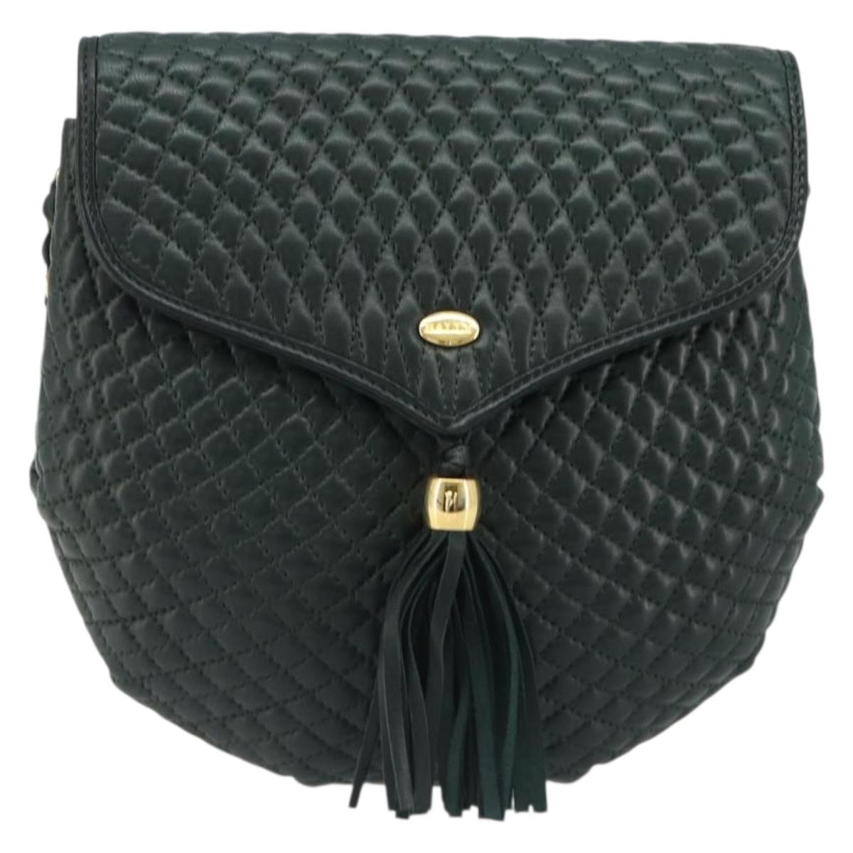 BALLY Chain Shoulder Bag Leather Green Gold Auth BA13399A