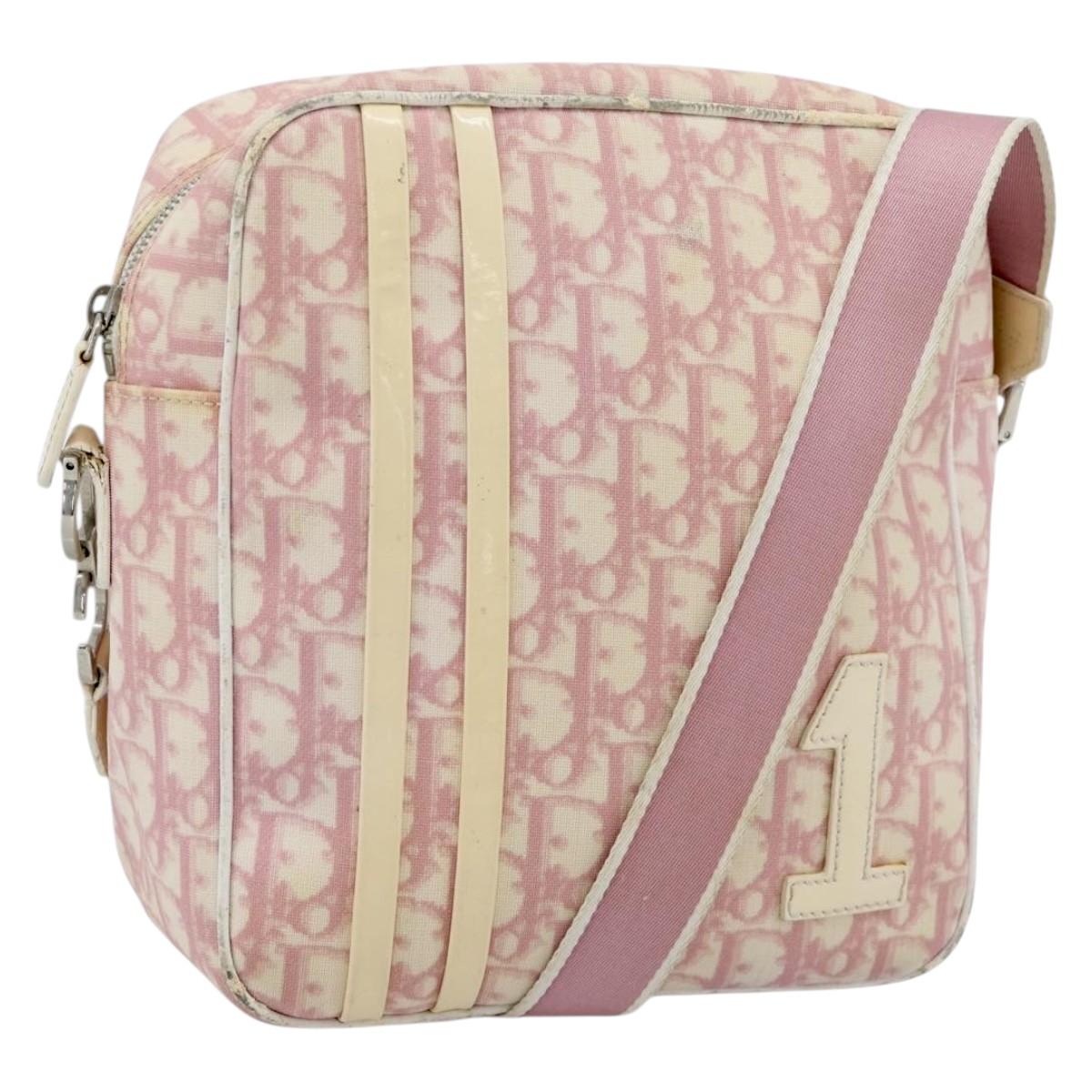 Christian Dior Trotter Canvas Shoulder Bag PVC Pink Silver Auth BA13409